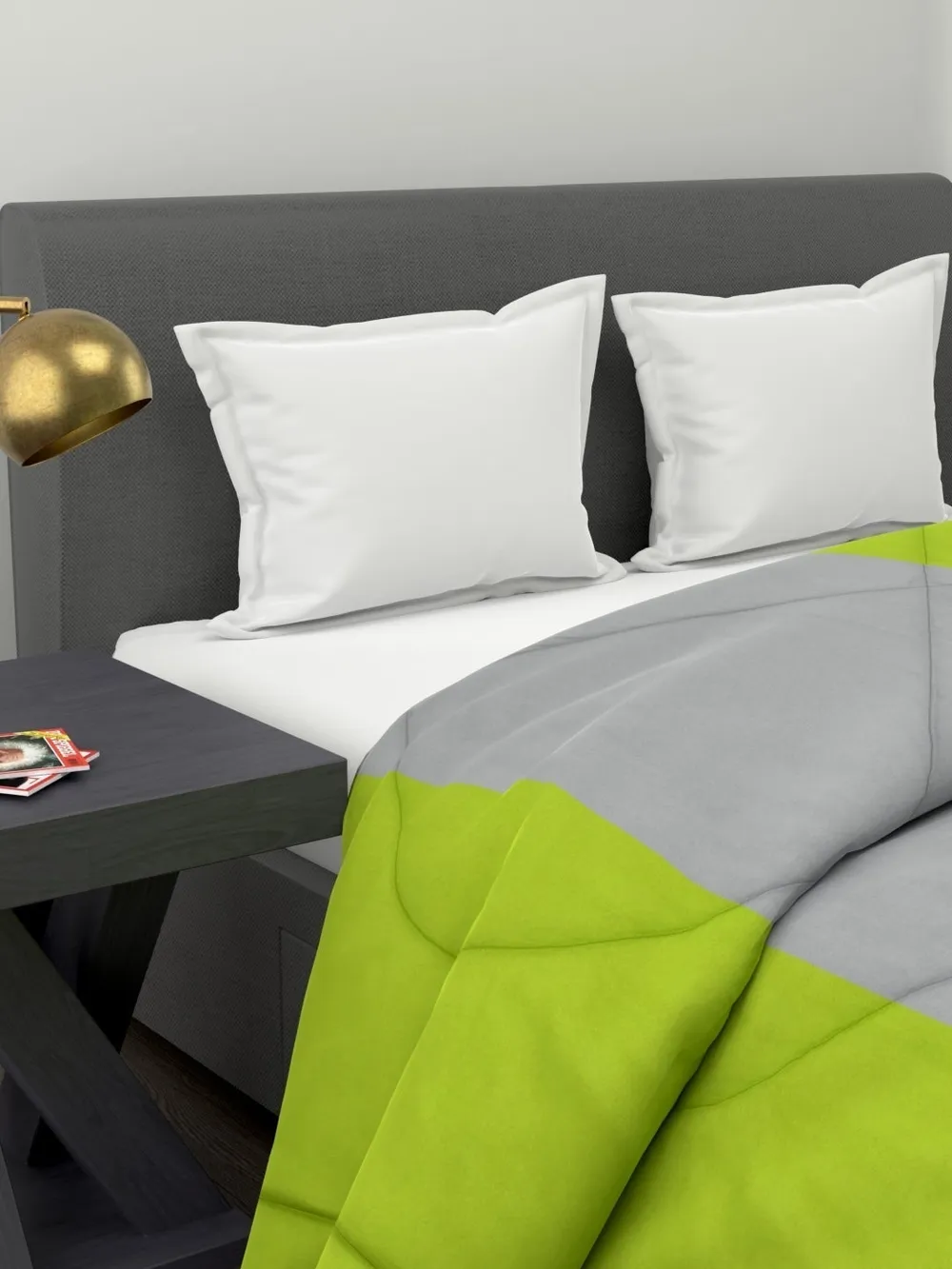 Clasiko Neon Green & Grey Striped King Size Double Bed Reversible Comforter- 220 GSM
