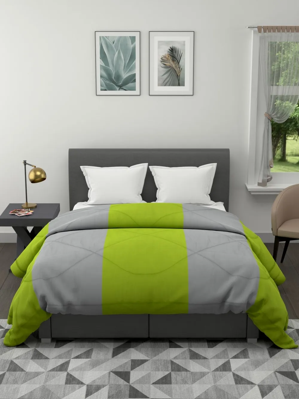 Clasiko Neon Green & Grey Striped King Size Double Bed Reversible Comforter- 220 GSM