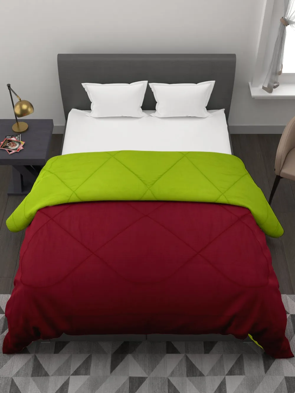 Clasiko Neon Green & Red King Size Double Bed Reversible Comforter- 220 GSM