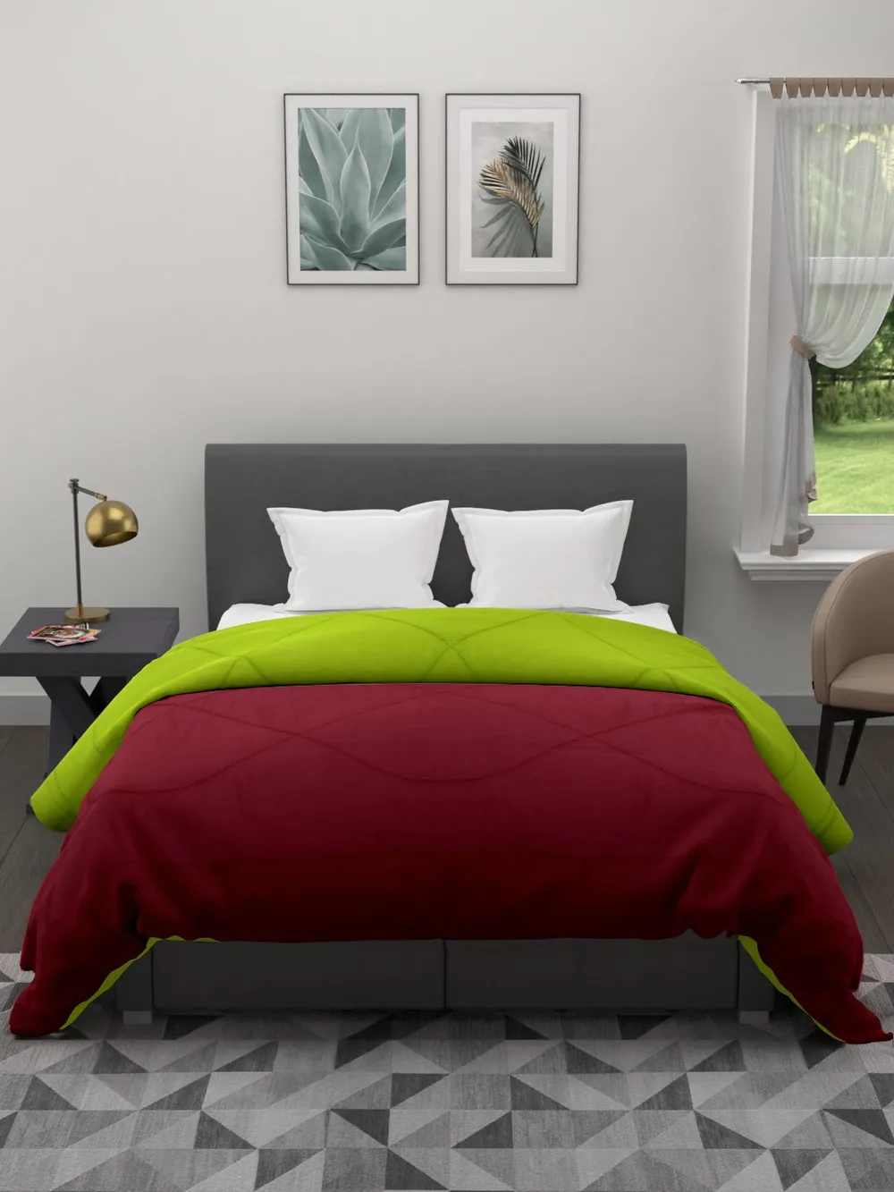 Clasiko Neon Green & Red King Size Double Bed Reversible Comforter- 220 GSM