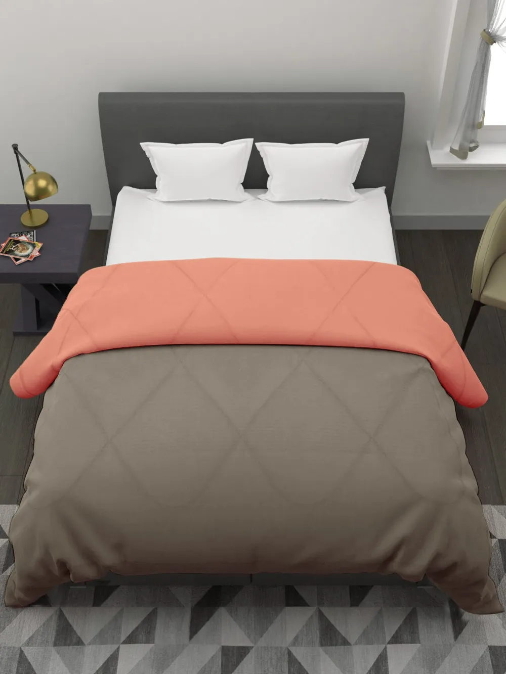 Clasiko Orange & Brown King Size Double Bed Reversible Comforter- 220 GSM