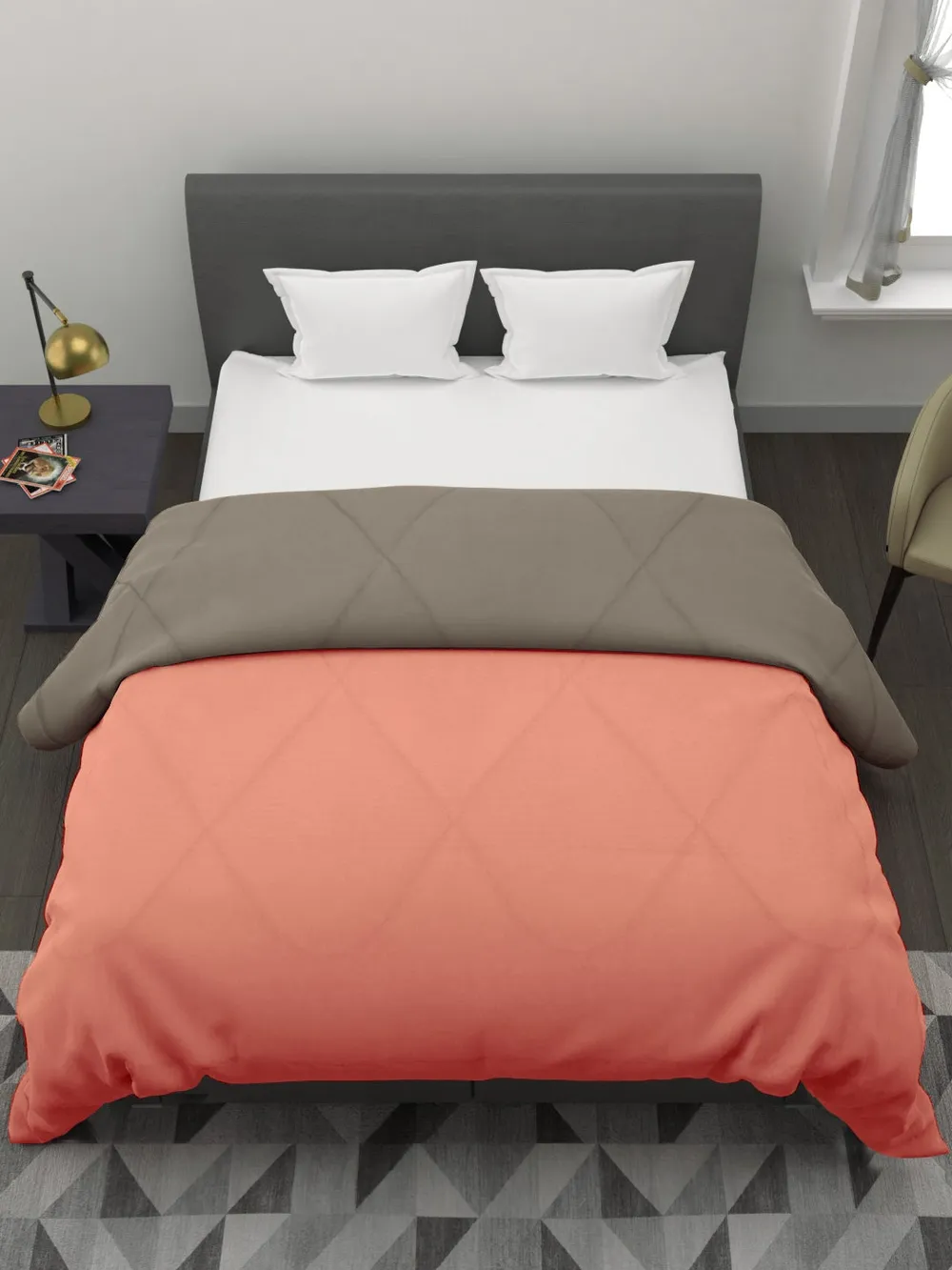 Clasiko Orange & Brown King Size Double Bed Reversible Comforter- 220 GSM