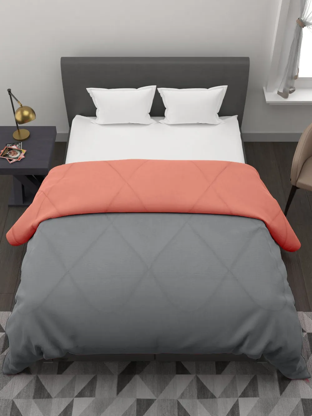 Clasiko Orange & Grey King Size Double Bed Reversible Comforter- 220 GSM