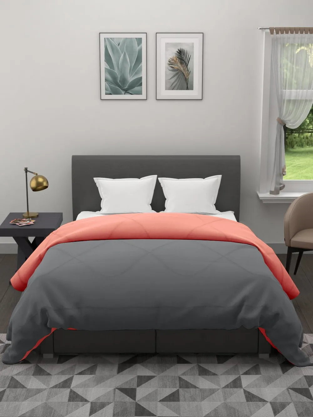 Clasiko Orange & Grey King Size Double Bed Reversible Comforter- 220 GSM