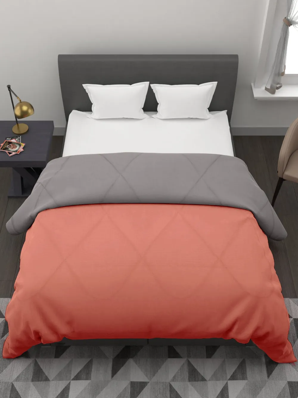 Clasiko Orange & Grey King Size Double Bed Reversible Comforter- 220 GSM