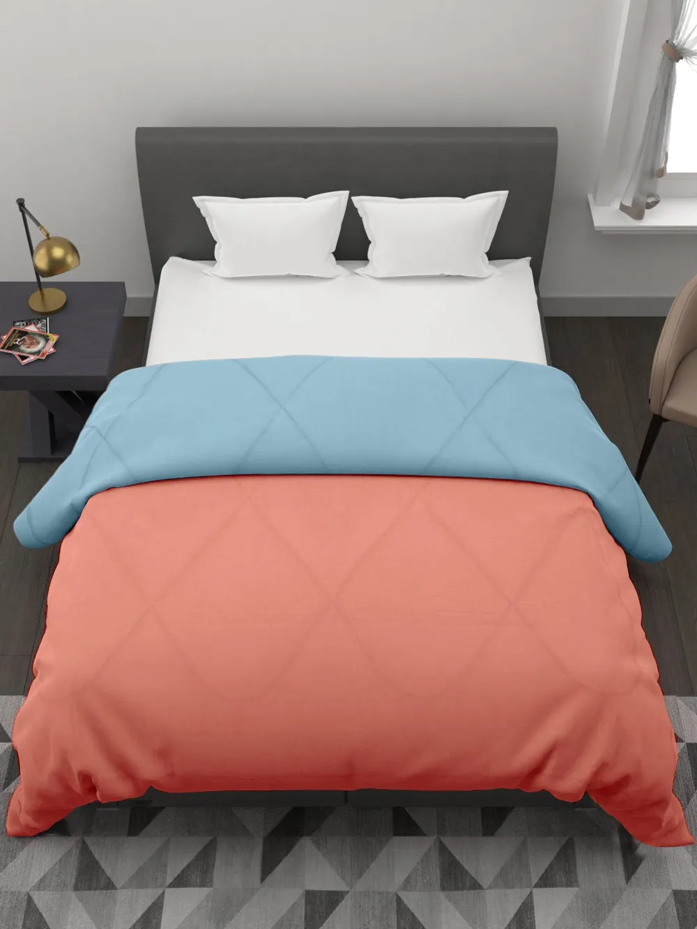 Clasiko Orange & Sky Blue King Size Double Bed Reversible Comforter- 220 GSM