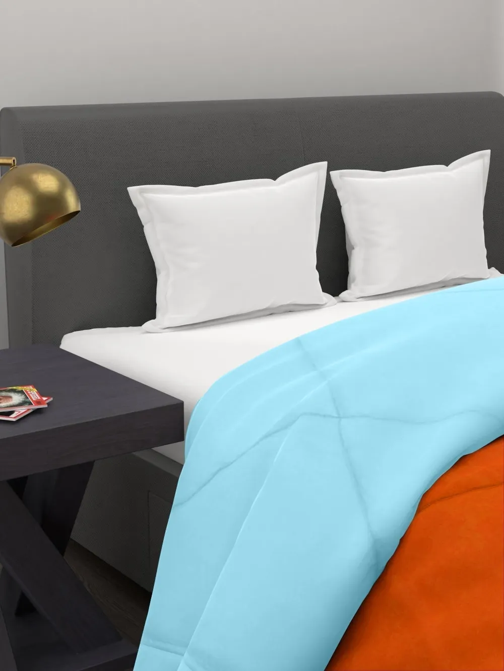 Clasiko Orange & Sky Blue King Size Double Bed Reversible Comforter- 220 GSM