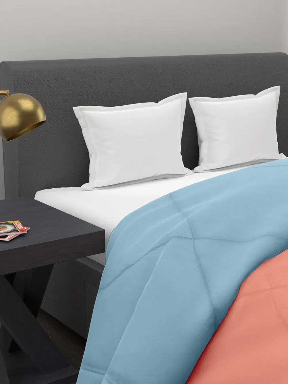 Clasiko Orange & Sky Blue King Size Double Bed Reversible Comforter- 220 GSM