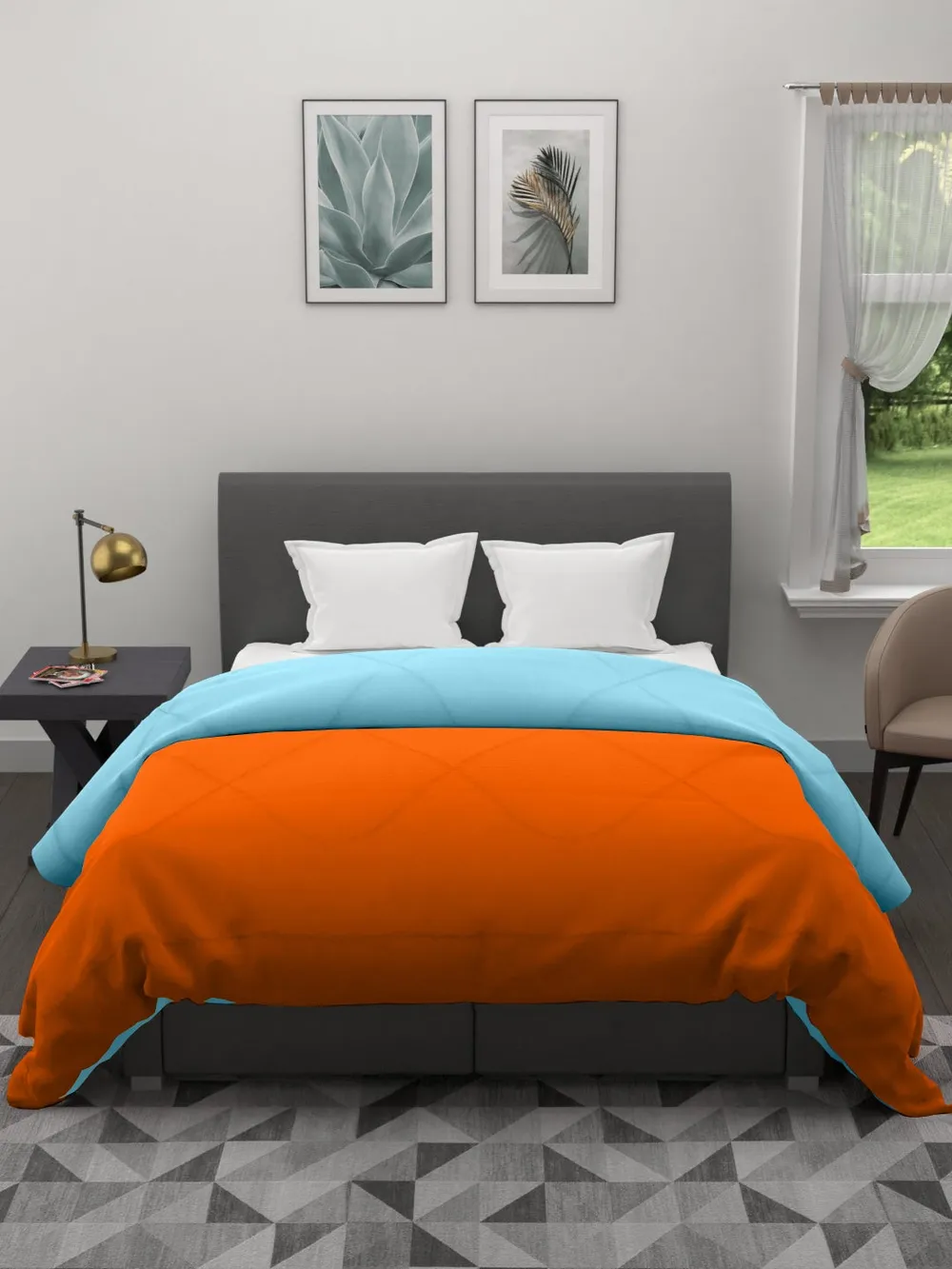 Clasiko Orange & Sky Blue King Size Double Bed Reversible Comforter- 220 GSM