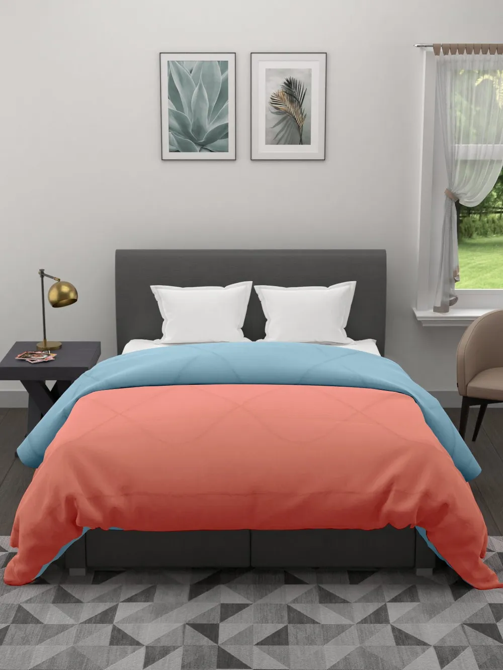 Clasiko Orange & Sky Blue King Size Double Bed Reversible Comforter- 220 GSM