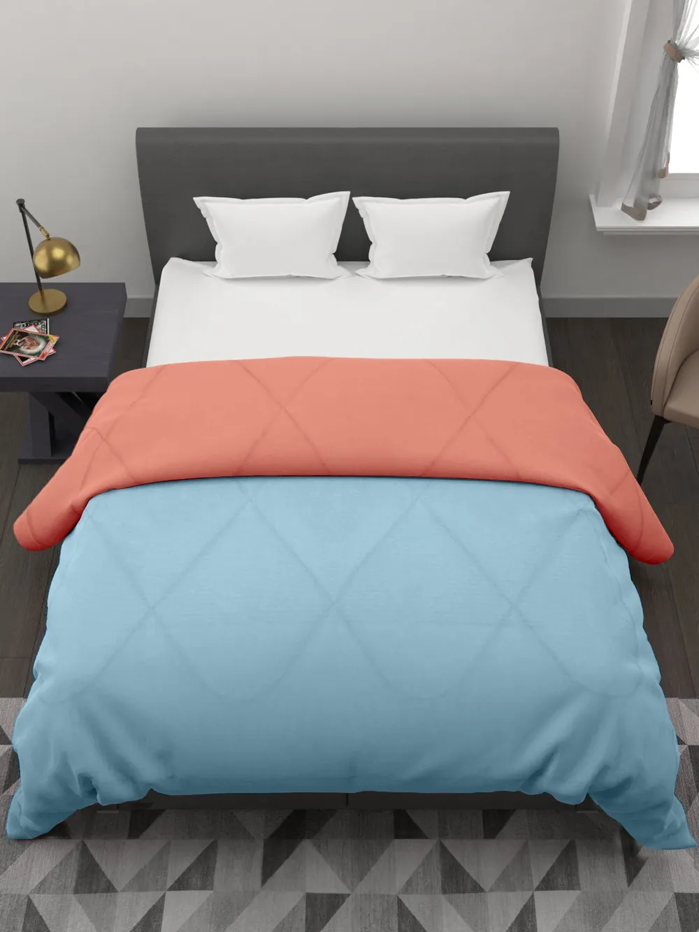 Clasiko Orange & Sky Blue King Size Double Bed Reversible Comforter- 220 GSM