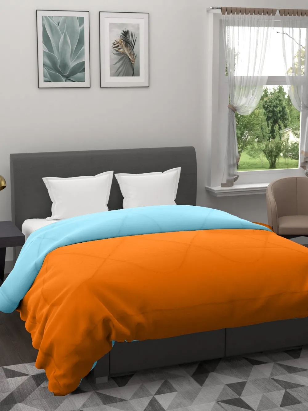 Clasiko Orange & Sky Blue King Size Double Bed Reversible Comforter- 220 GSM
