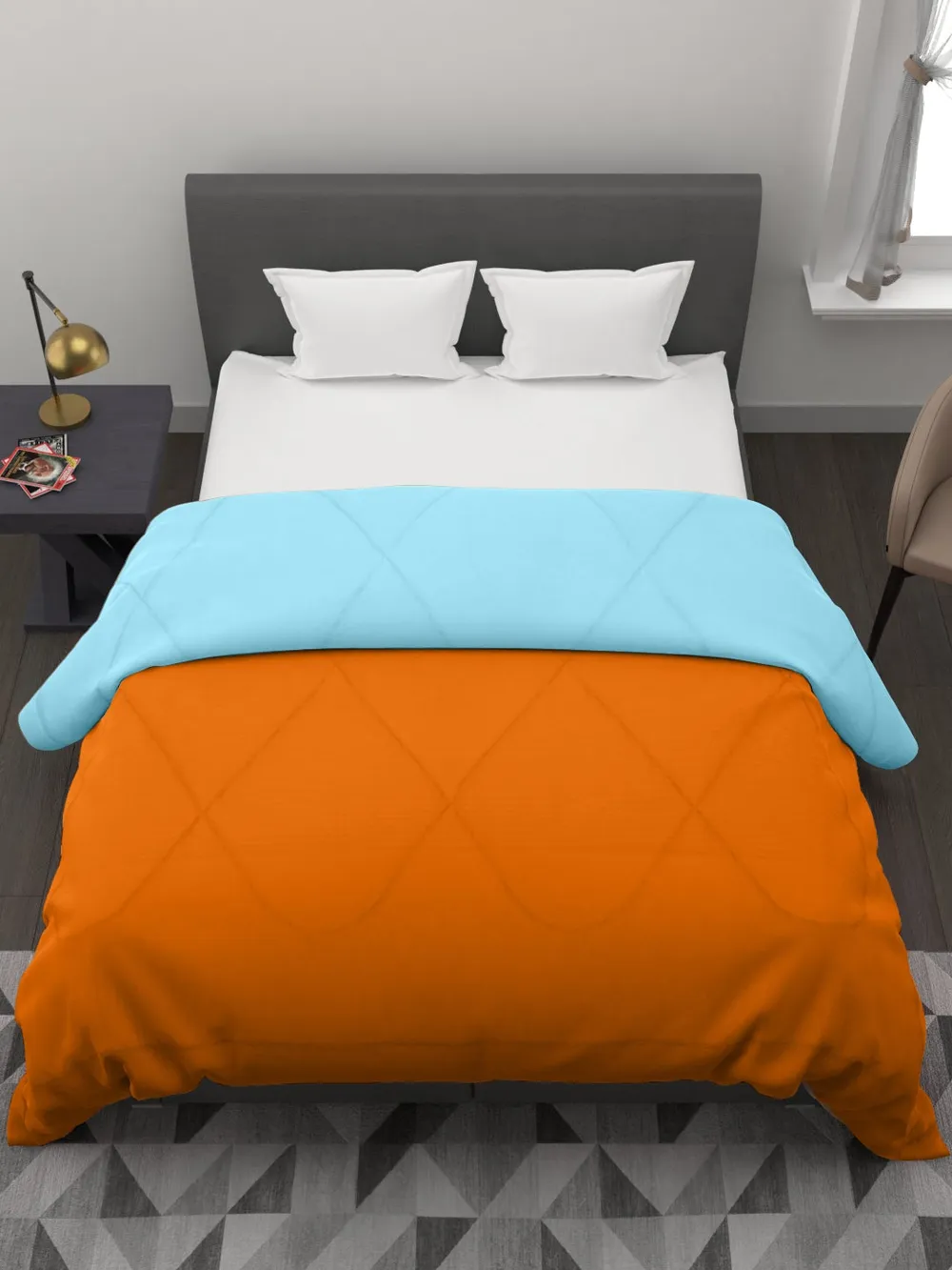 Clasiko Orange & Sky Blue King Size Double Bed Reversible Comforter- 220 GSM
