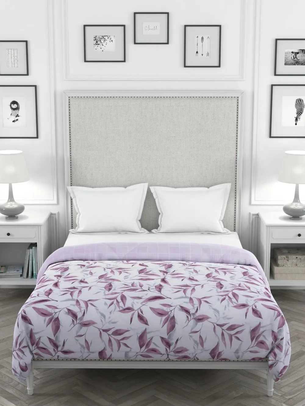 Clasiko Pink Leaves King Size Double Bed Reversible Comforter- 220 GSM