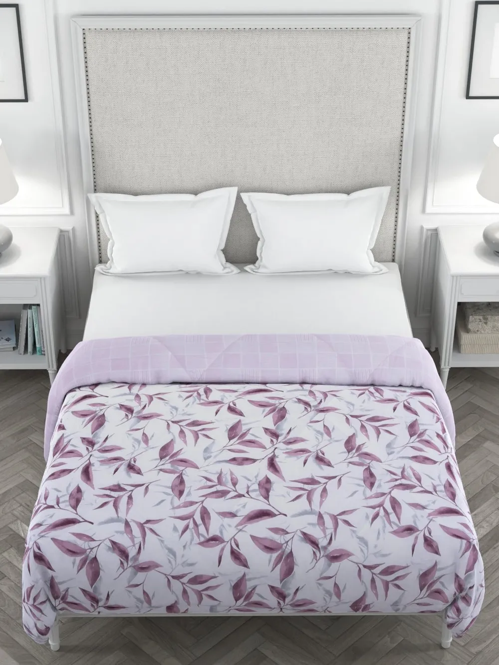 Clasiko Pink Leaves King Size Double Bed Reversible Comforter- 220 GSM