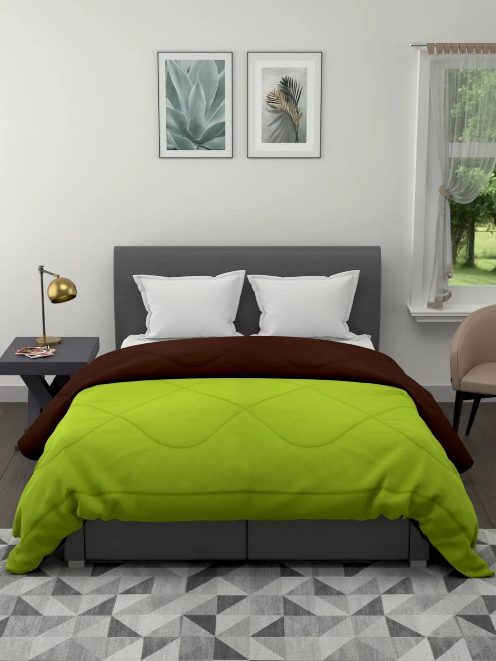 Clasiko Plush Green & Brown King Size Double Bed Reversible Comforter- 220 GSM