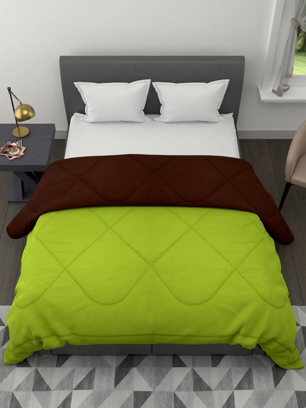 Clasiko Plush Green & Brown King Size Double Bed Reversible Comforter- 220 GSM