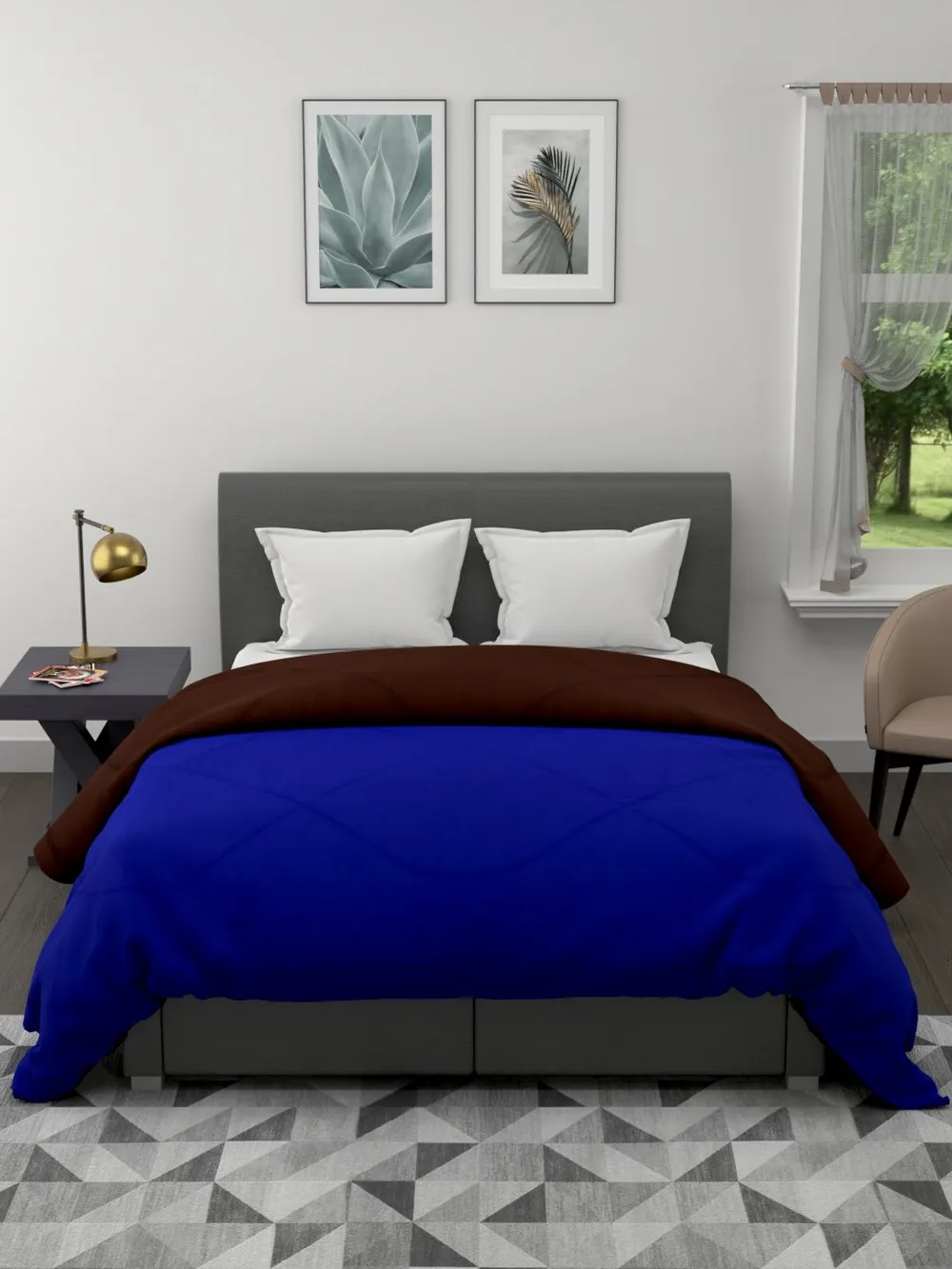 Clasiko Royal Blue & Brown King Size Double Bed Reversible Comforter- 220 GSM