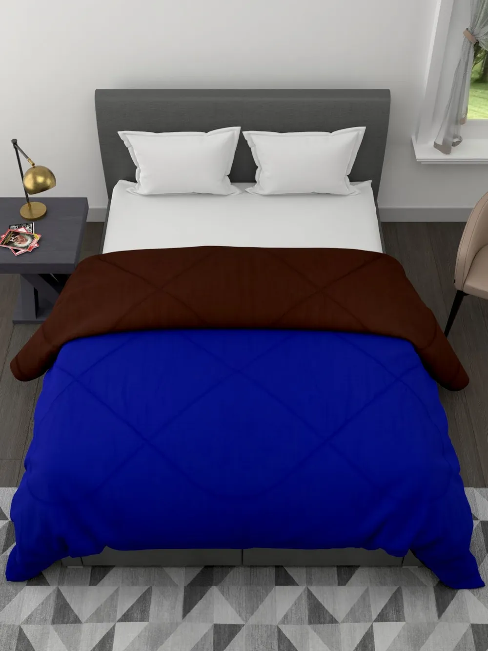 Clasiko Royal Blue & Brown King Size Double Bed Reversible Comforter- 220 GSM