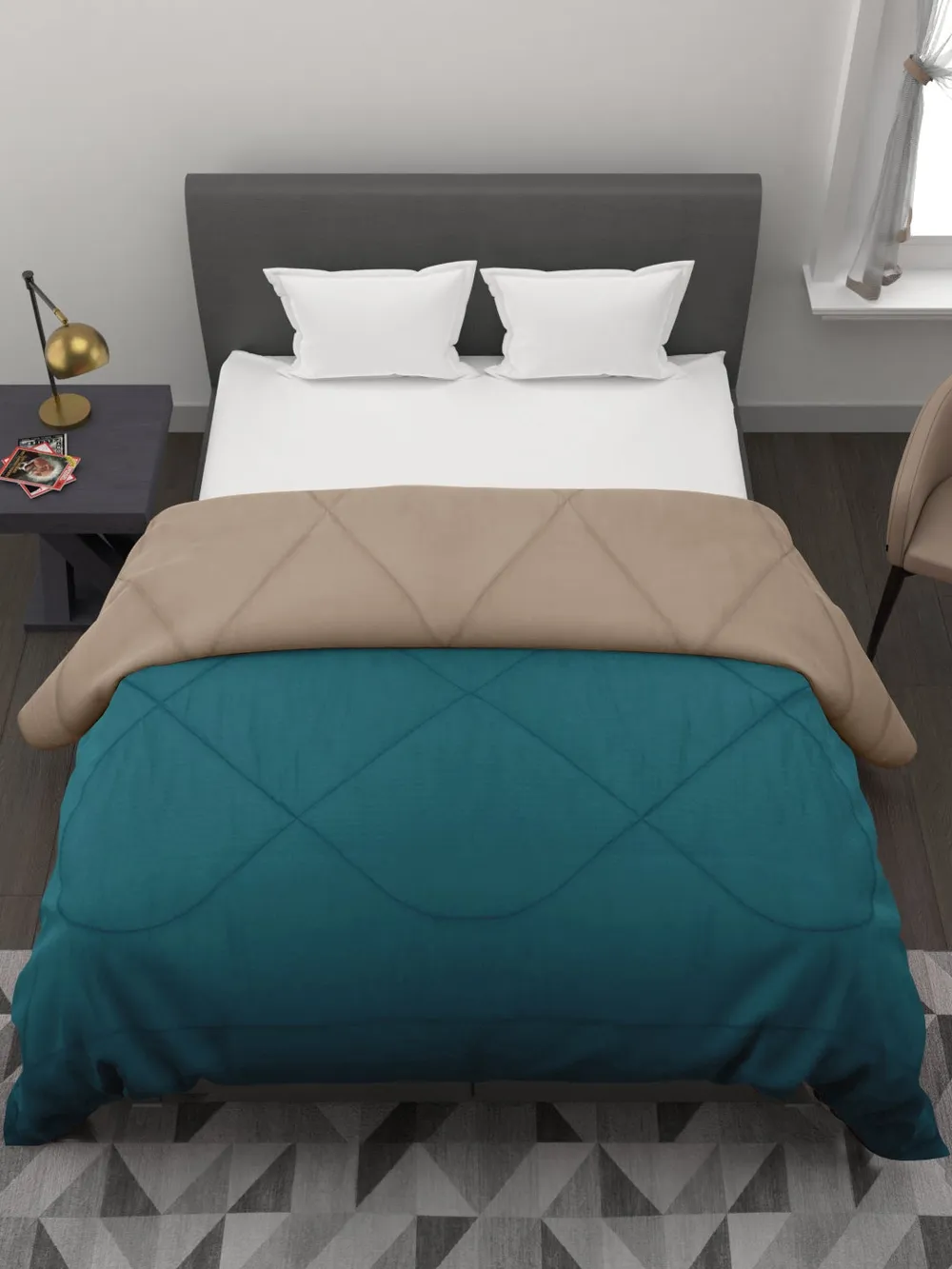 Clasiko Sea Green & Beige King Size Double Bed Reversible Comforter- 220 GSM