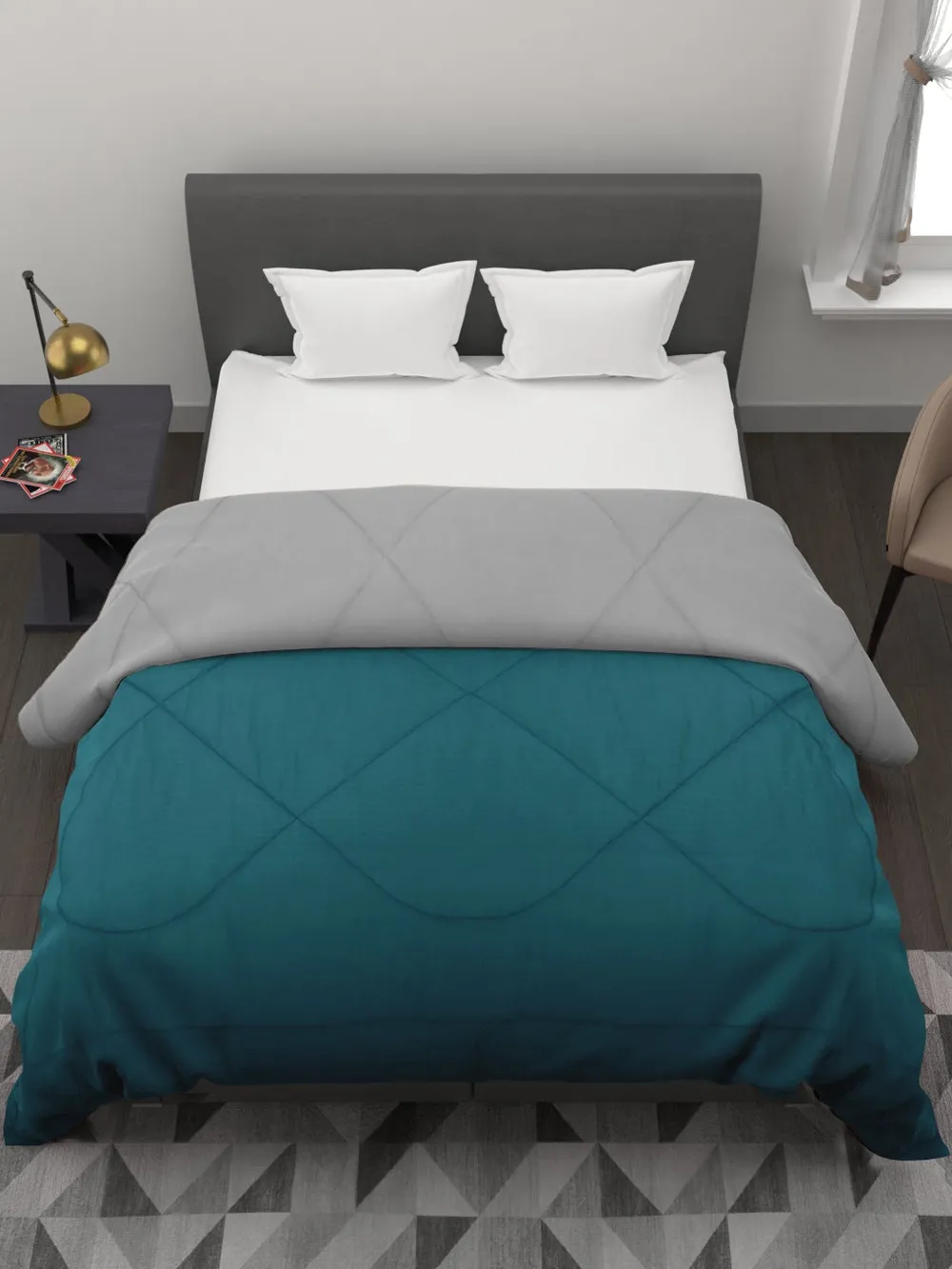 Clasiko Sea Green & Grey King Size Double Bed Reversible Comforter- 220 GSM