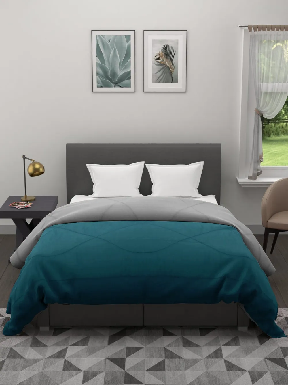 Clasiko Sea Green & Grey King Size Double Bed Reversible Comforter- 220 GSM