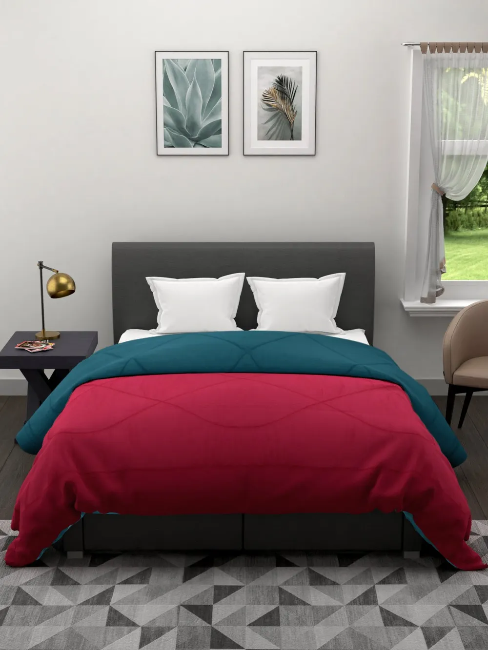 Clasiko Sea Green & Hot Pink King Size Double Bed Reversible Comforter- 220 GSM