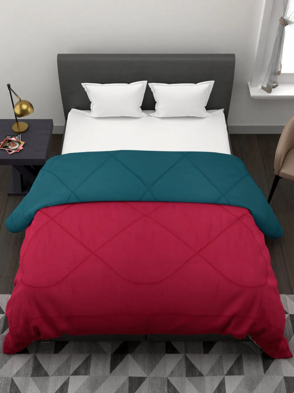 Clasiko Sea Green & Hot Pink King Size Double Bed Reversible Comforter- 220 GSM