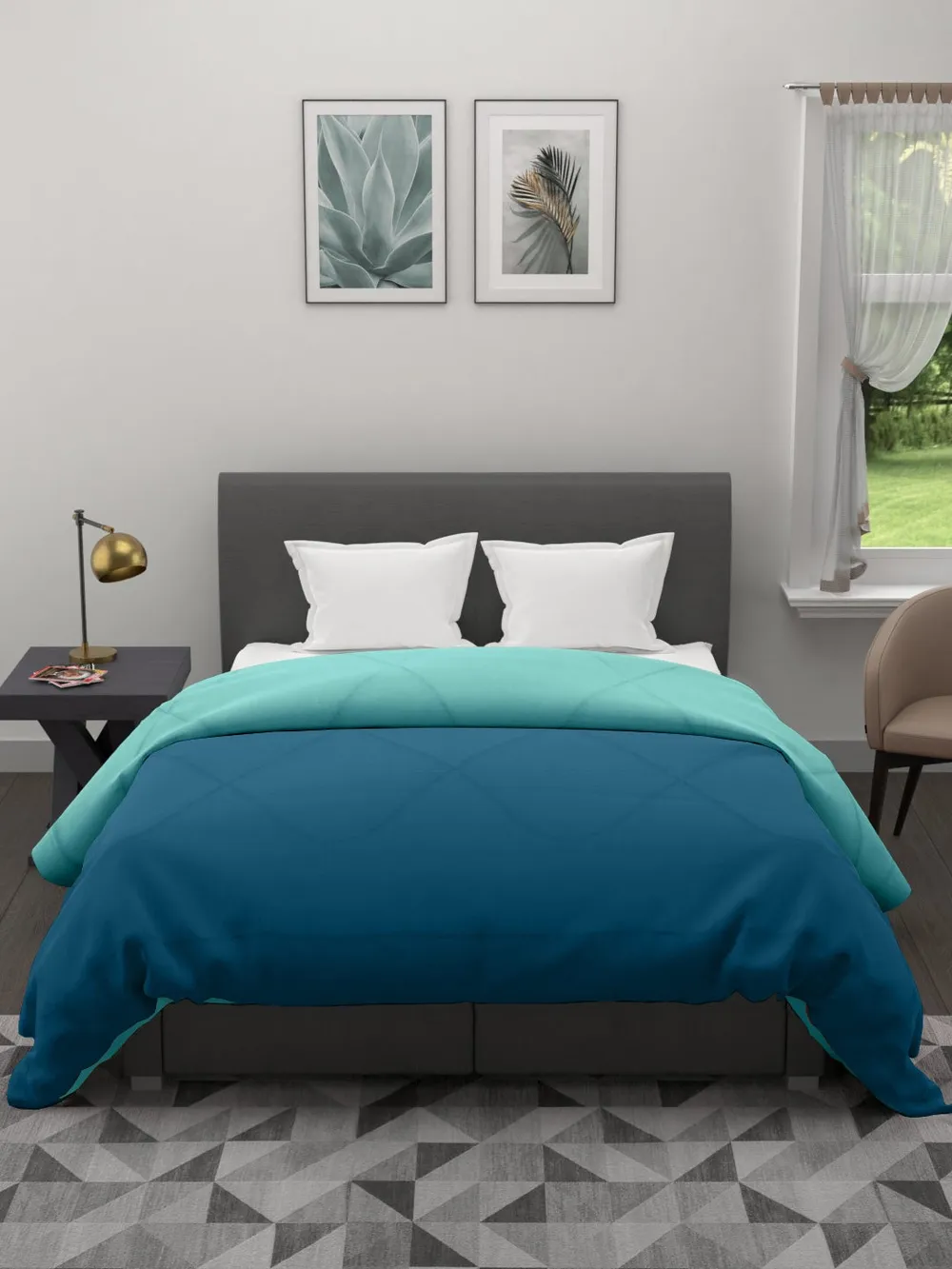Clasiko Sea Green & Sky Blue King Size Double Bed Reversible Comforter- 220 GSM
