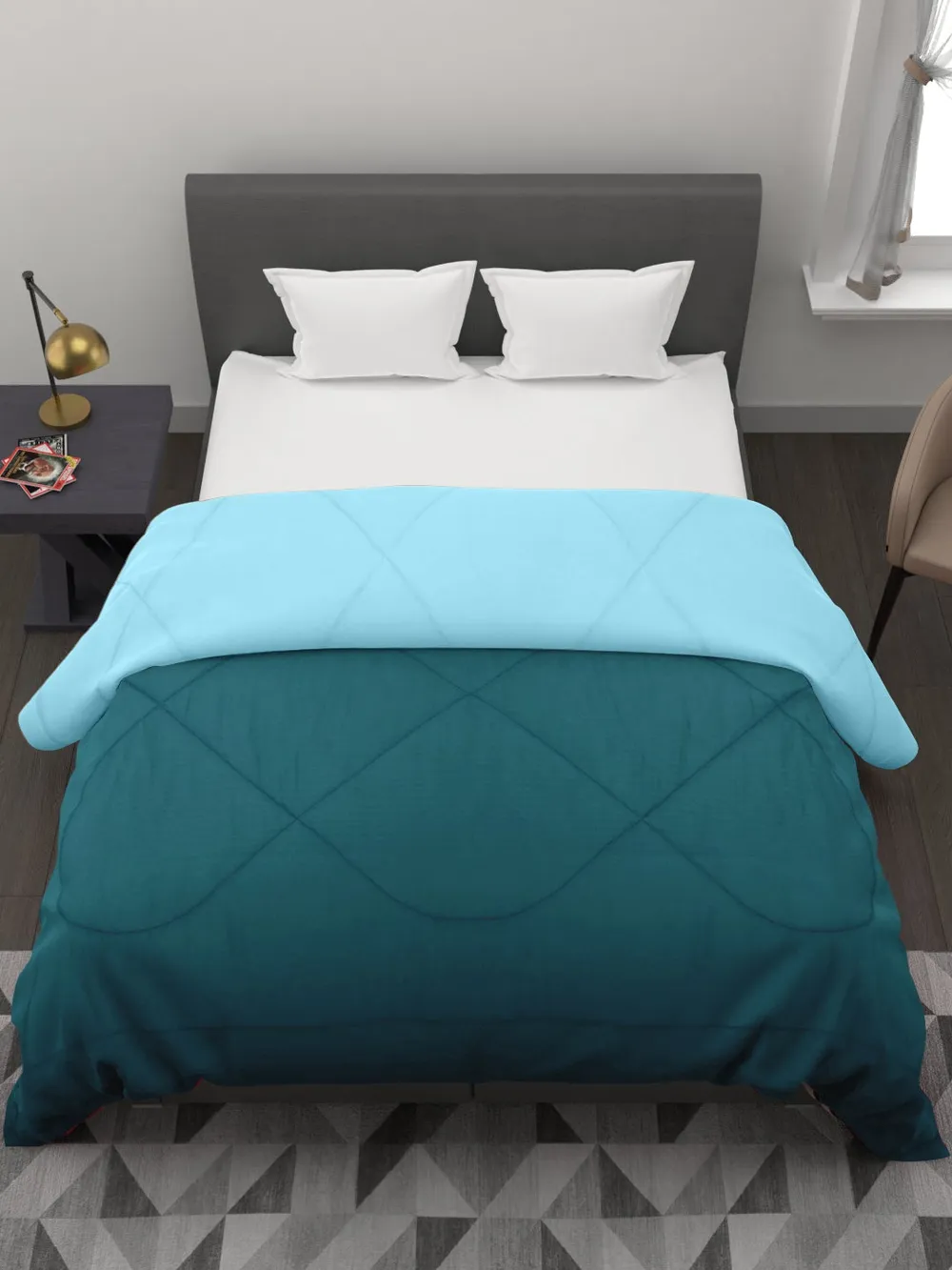 Clasiko Sea Green & Sky Blue King Size Double Bed Reversible Comforter- 220 GSM
