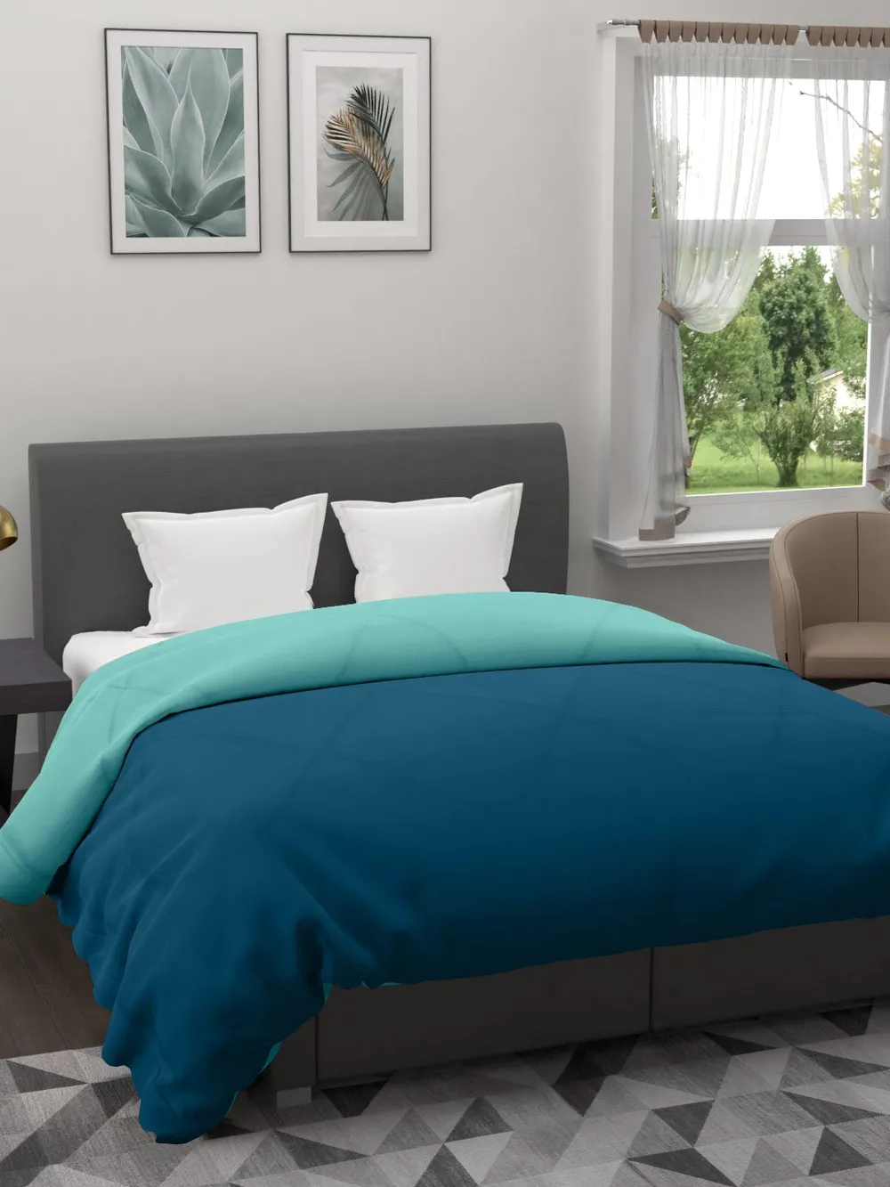 Clasiko Sea Green & Sky Blue King Size Double Bed Reversible Comforter- 220 GSM