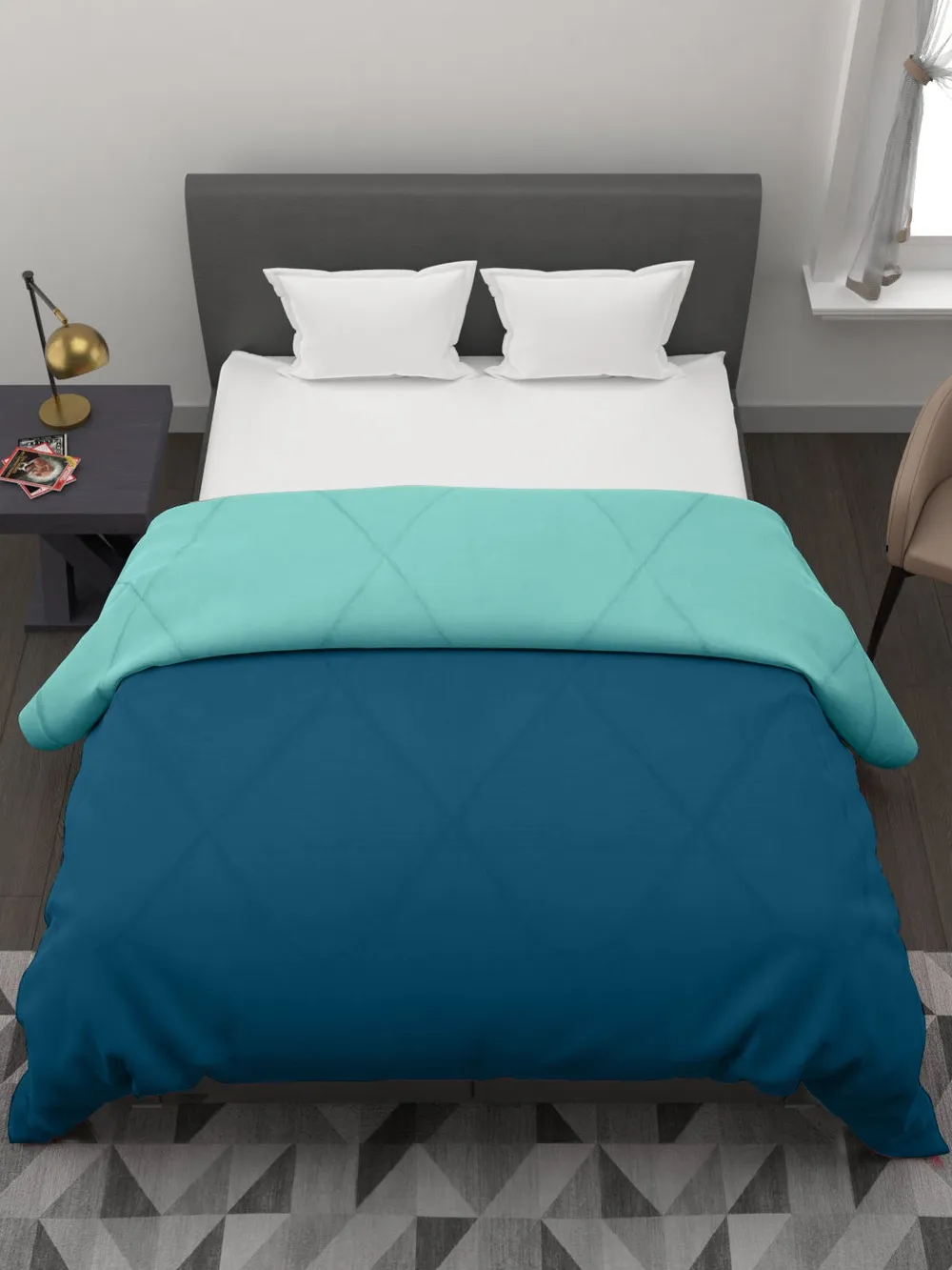 Clasiko Sea Green & Sky Blue King Size Double Bed Reversible Comforter- 220 GSM