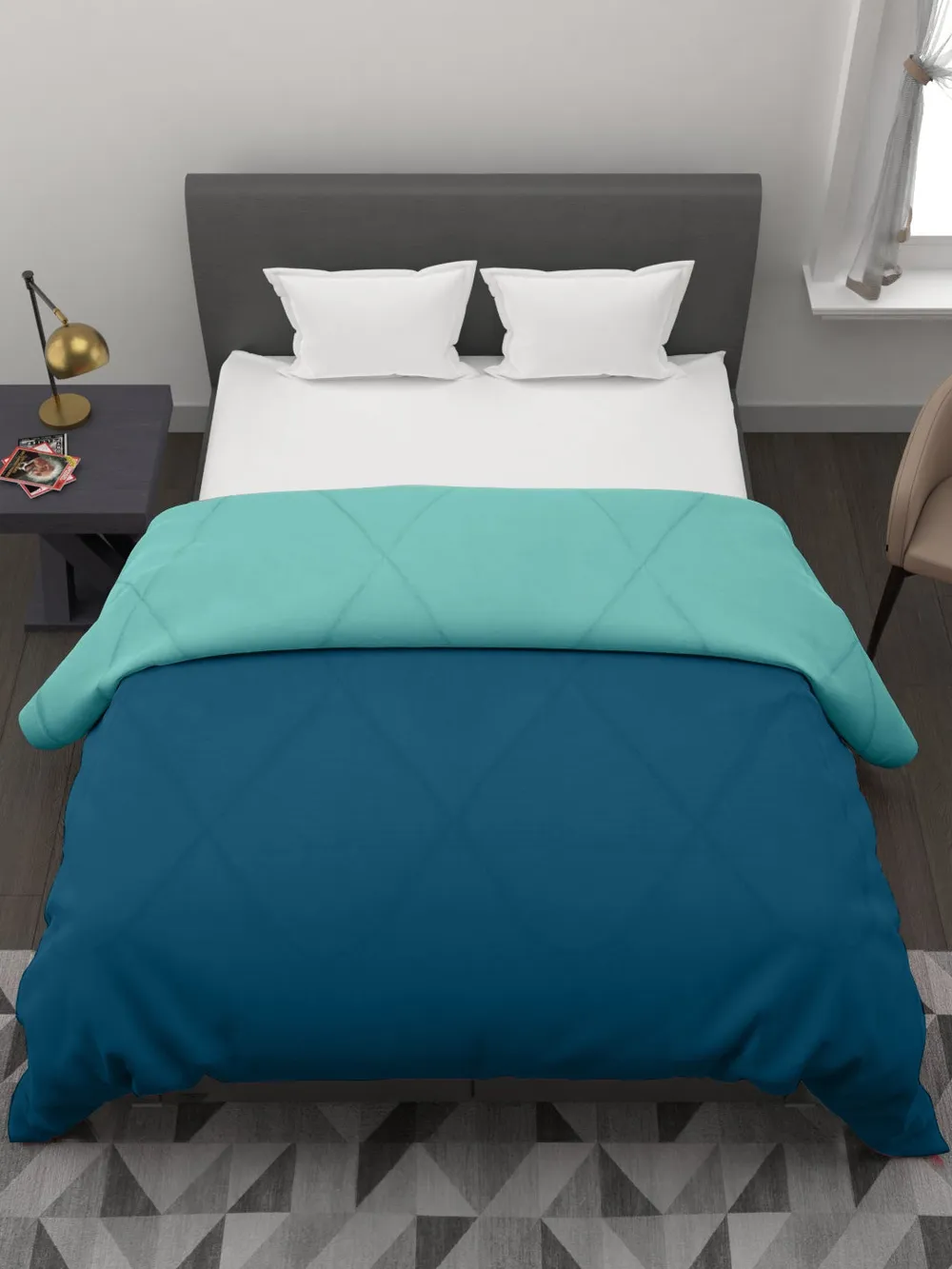 Clasiko Sea Green & Sky Blue King Size Double Bed Reversible Comforter- 220 GSM