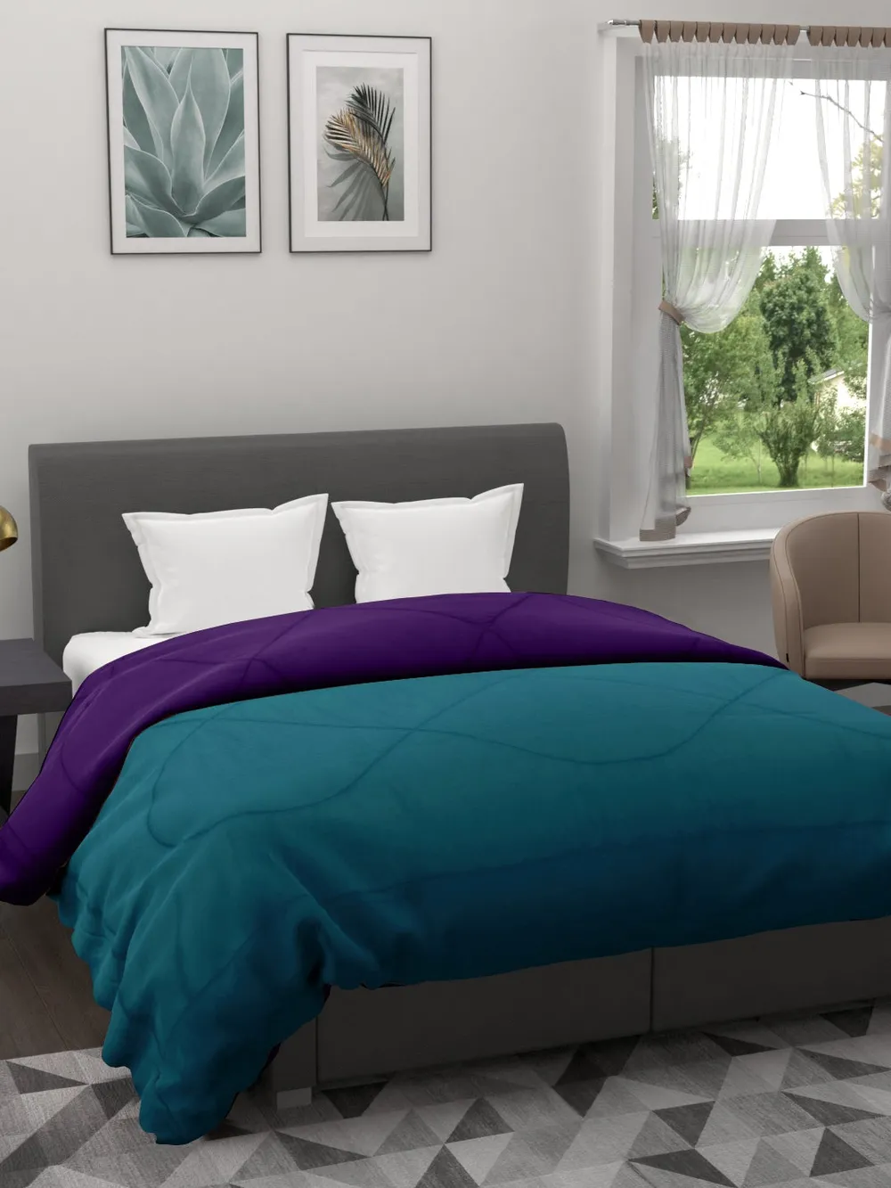Clasiko Sea Green & Violet King Size Double Bed Reversible Comforter- 220 GSM