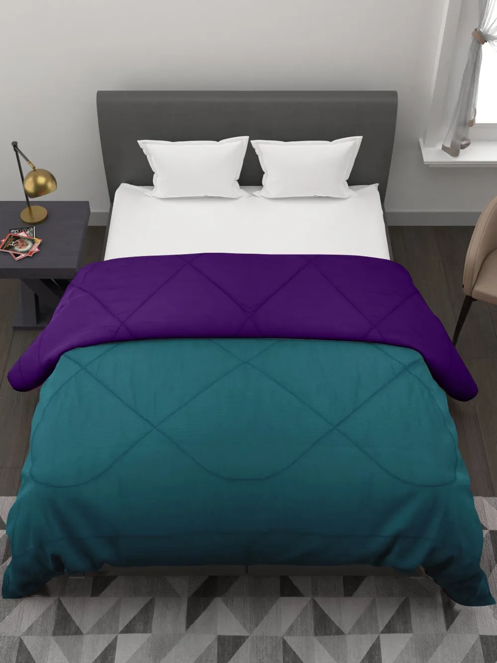 Clasiko Sea Green & Violet King Size Double Bed Reversible Comforter- 220 GSM