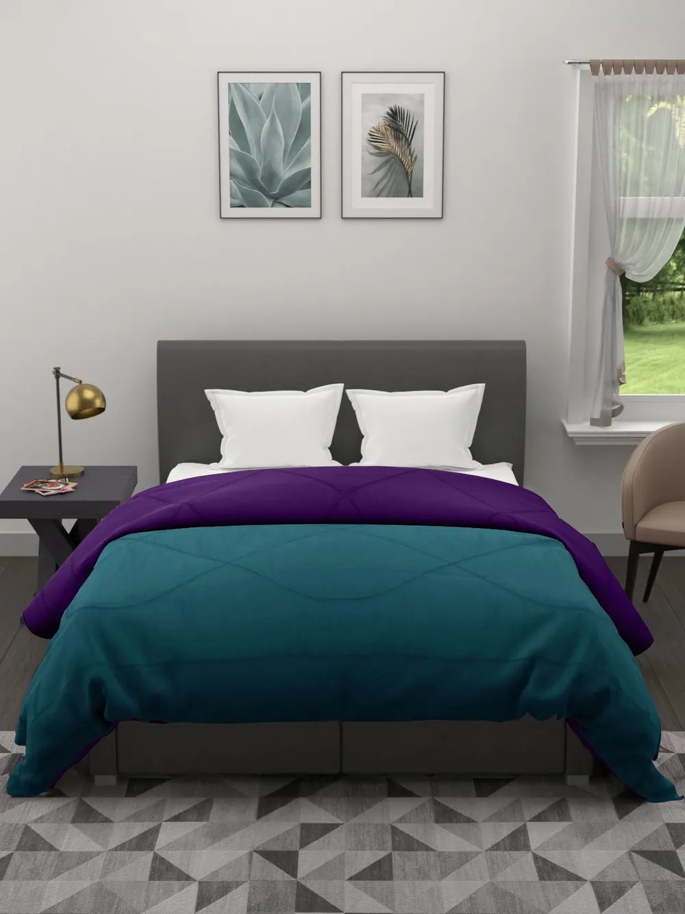 Clasiko Sea Green & Violet King Size Double Bed Reversible Comforter- 220 GSM
