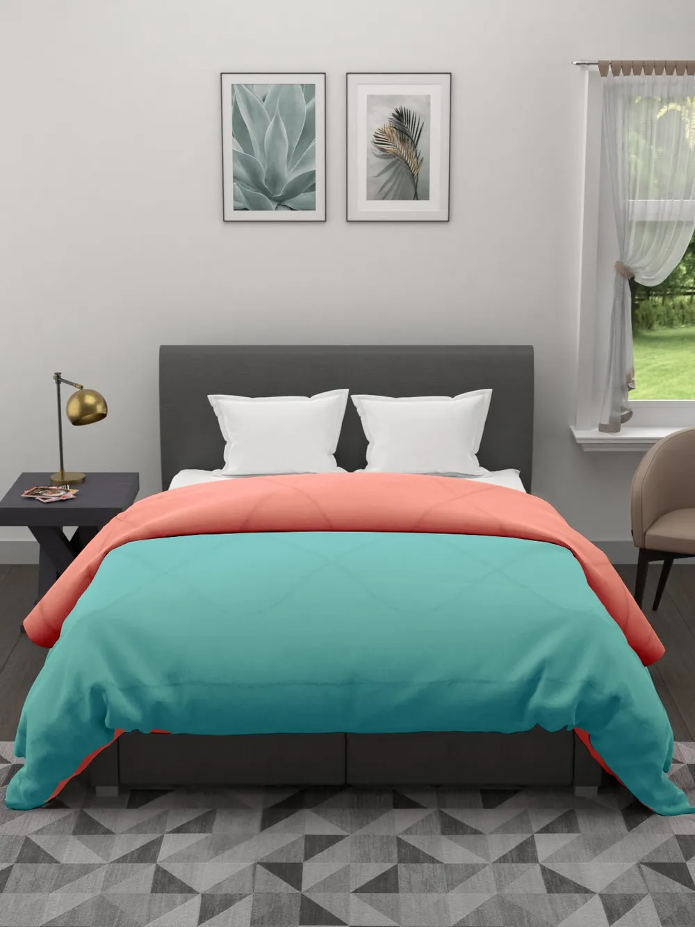 Clasiko Sky Blue & Peach King Size Double Bed Reversible Comforter- 220 GSM