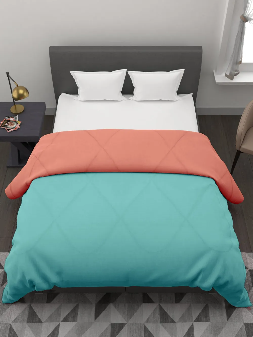 Clasiko Sky Blue & Peach King Size Double Bed Reversible Comforter- 220 GSM