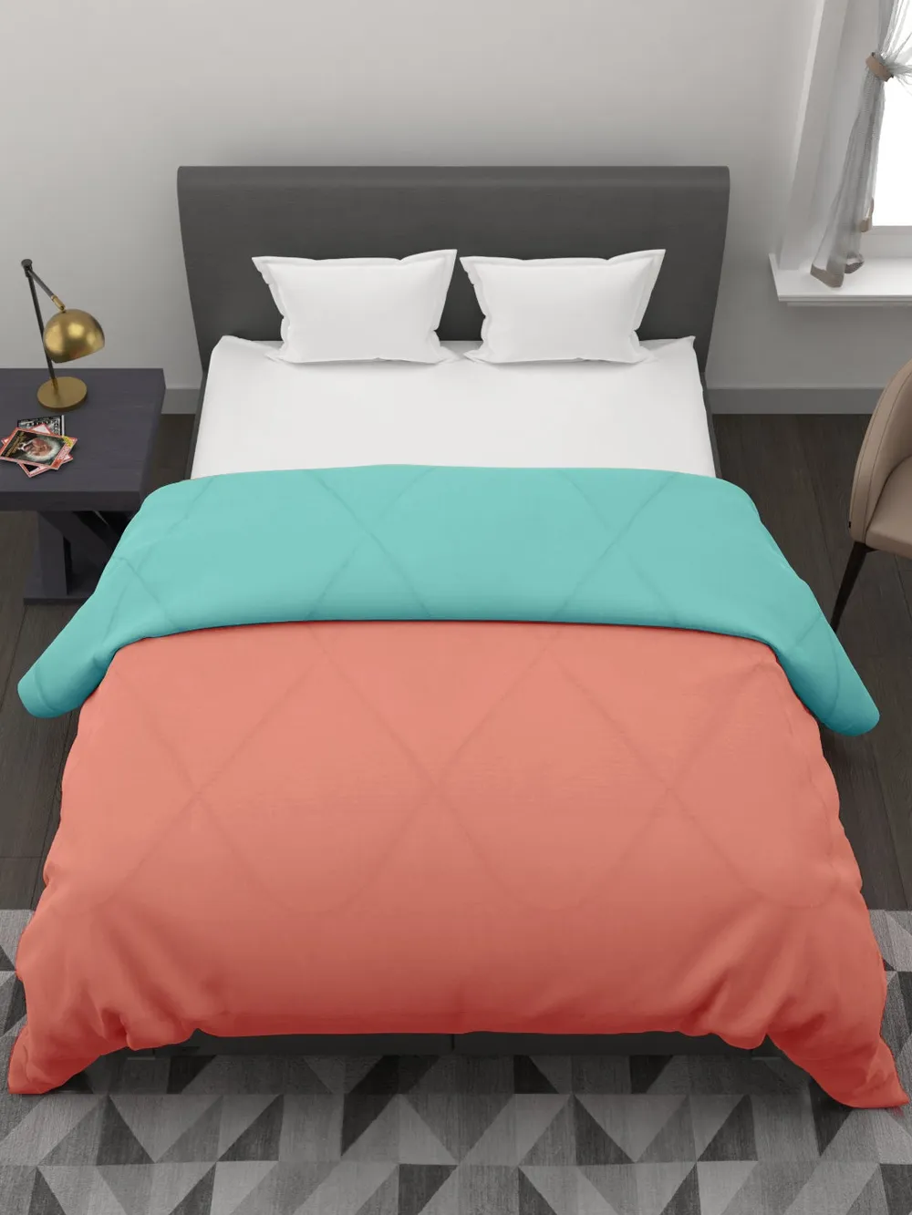 Clasiko Sky Blue & Peach King Size Double Bed Reversible Comforter- 220 GSM