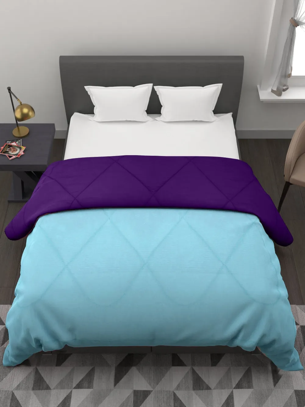 Clasiko Sky Blue & Violet King Size Double Bed Reversible Comforter- 220 GSM