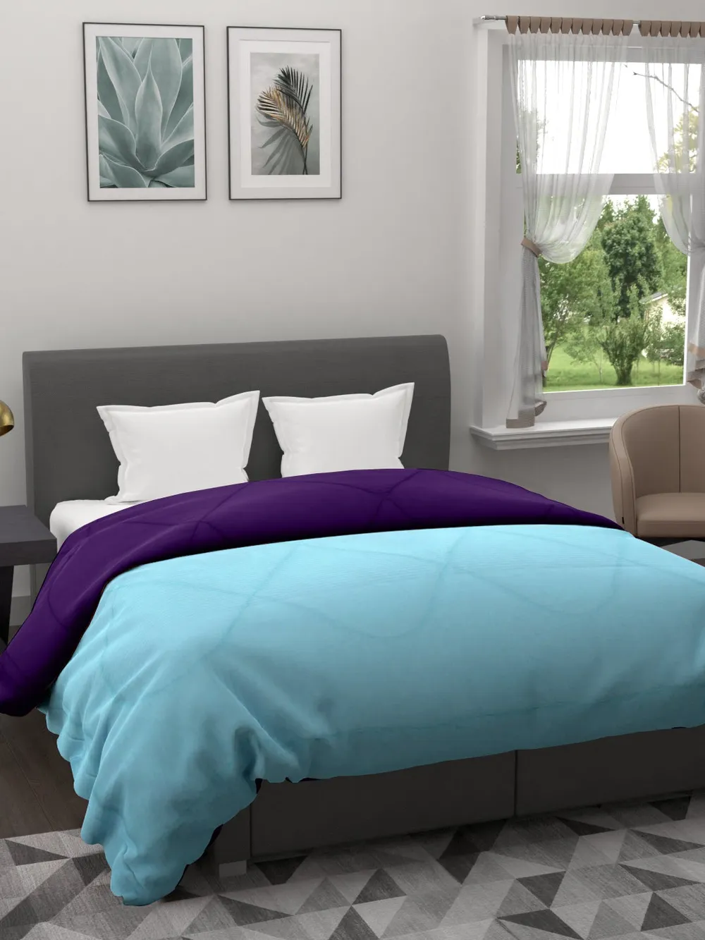 Clasiko Sky Blue & Violet King Size Double Bed Reversible Comforter- 220 GSM