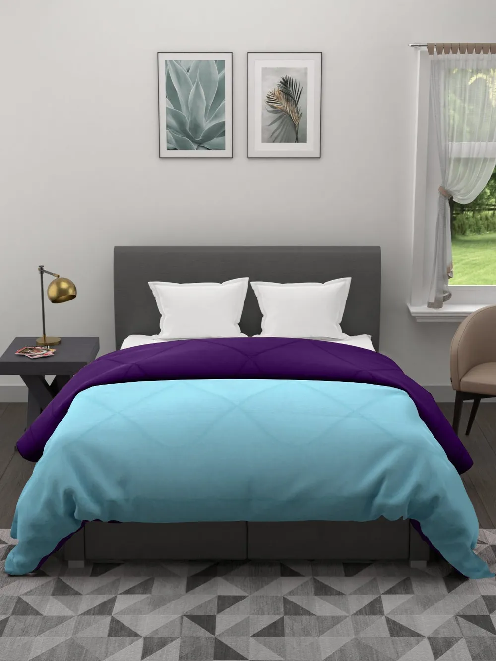 Clasiko Sky Blue & Violet King Size Double Bed Reversible Comforter- 220 GSM