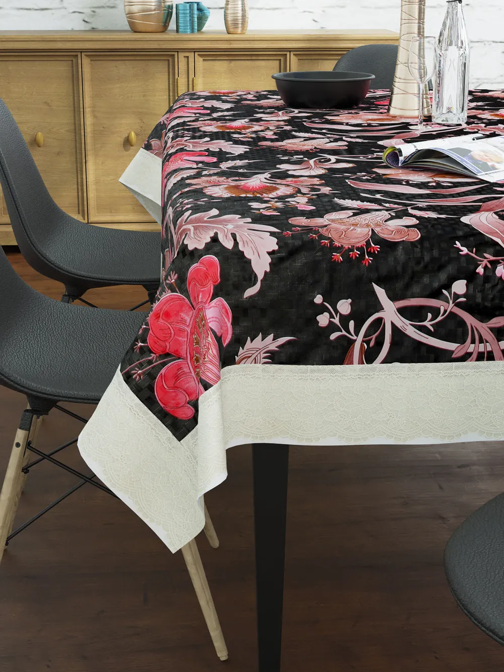 Clasiko Timeless Designer Black & Pink Lily 6-Seater Table Cover