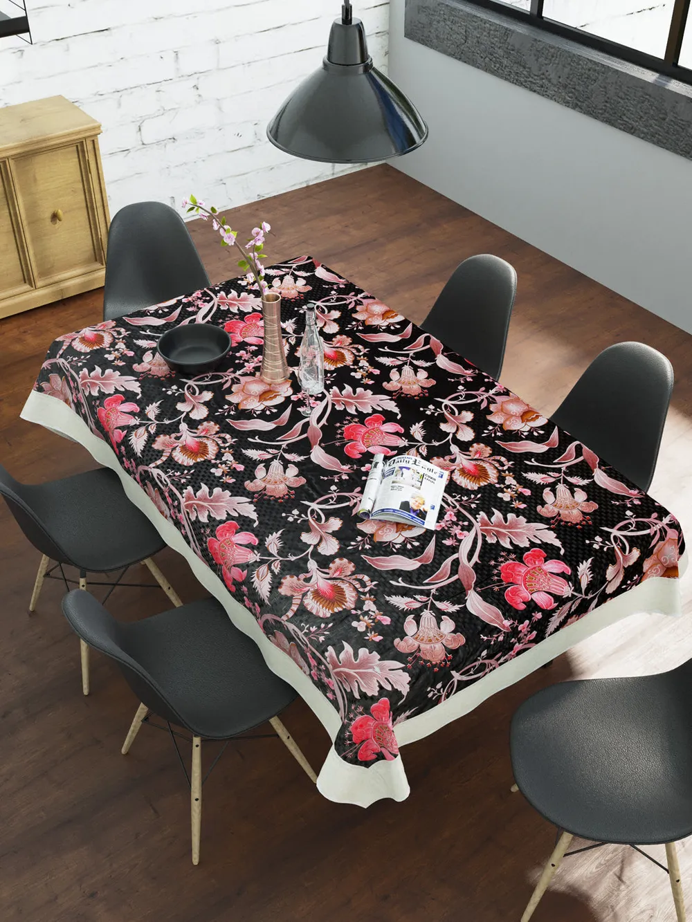 Clasiko Timeless Designer Black & Pink Lily 6-Seater Table Cover