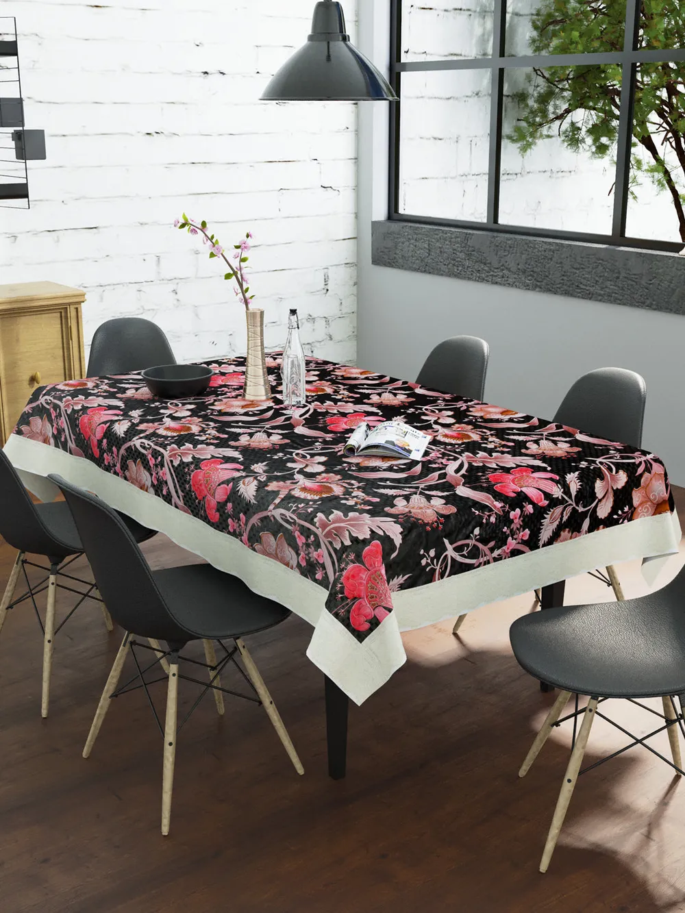 Clasiko Timeless Designer Black & Pink Lily 6-Seater Table Cover