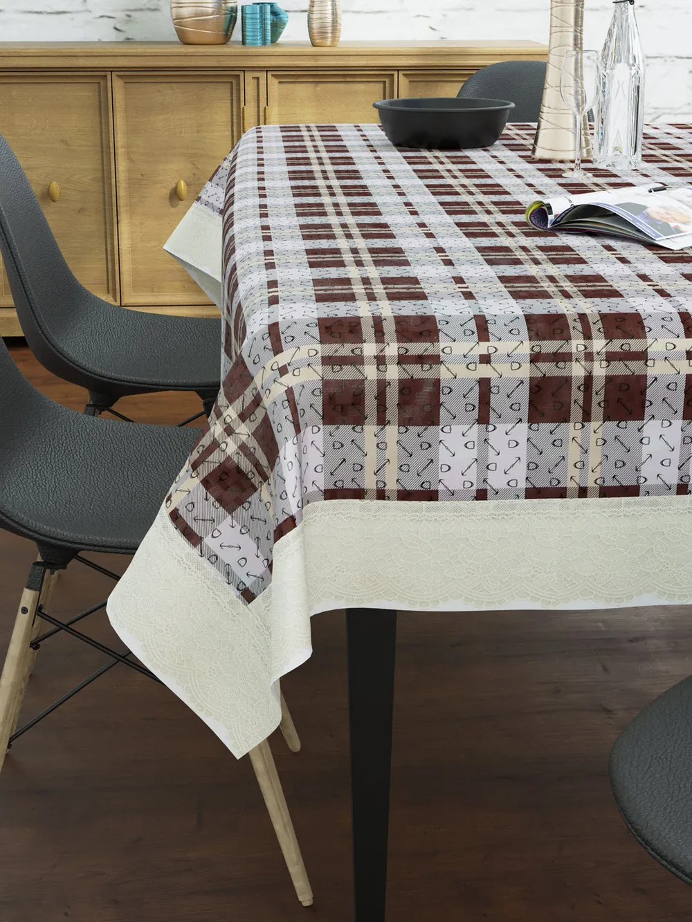 Clasiko Timeless Designer Brown Checkered 6-Seater Table Cover