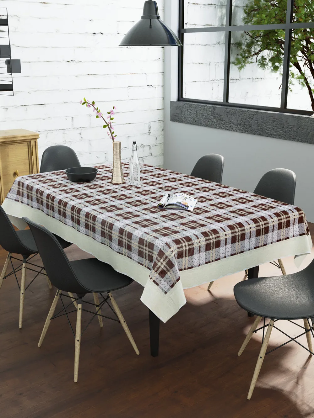Clasiko Timeless Designer Brown Checkered 6-Seater Table Cover