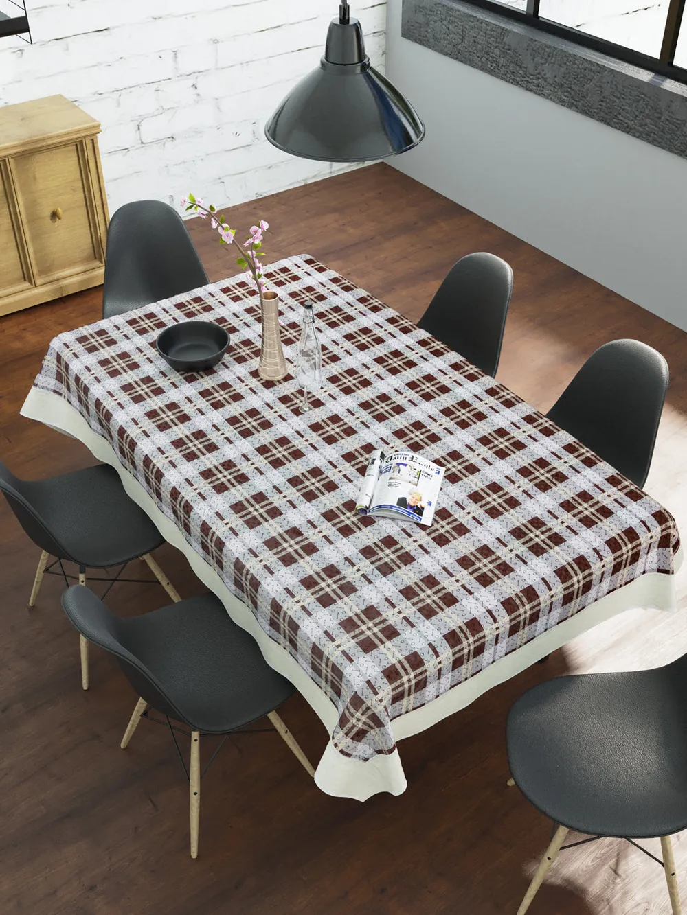 Clasiko Timeless Designer Brown Checkered 6-Seater Table Cover