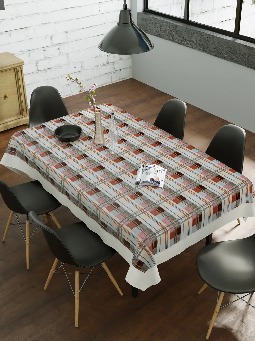 Clasiko Timeless Designer Checkered 6-Seater Table Cover in Brown & Grey