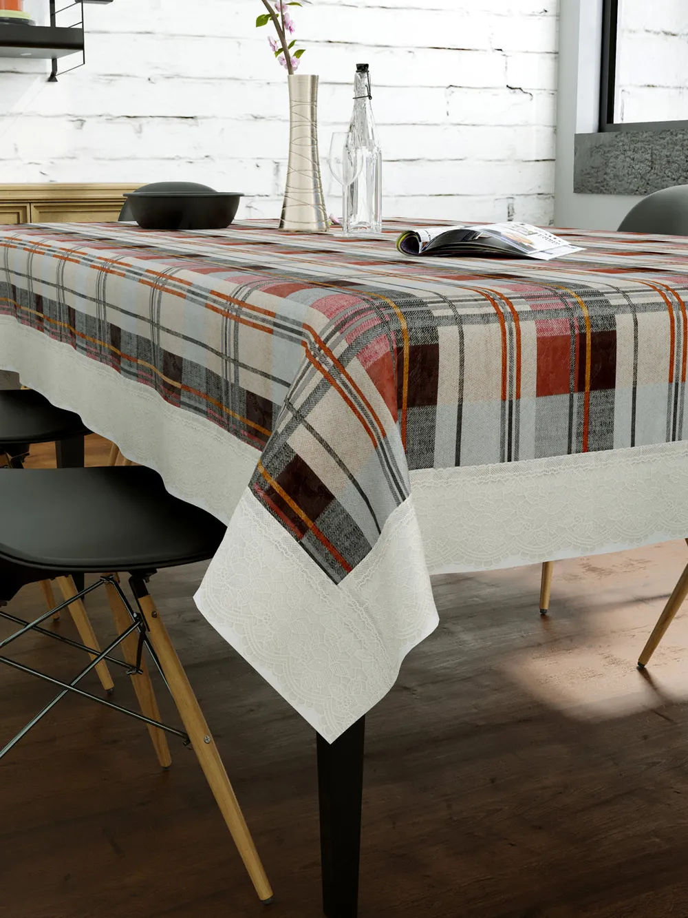 Clasiko Timeless Designer Checkered 6-Seater Table Cover in Brown & Grey